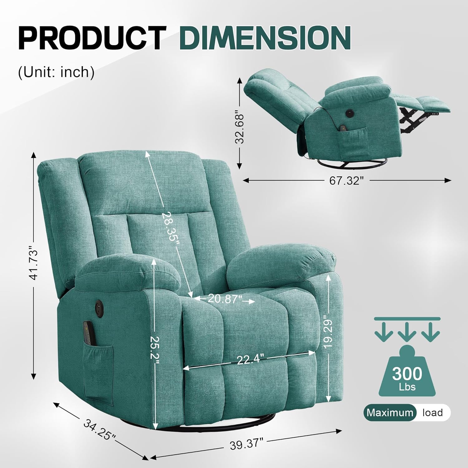 Adult rocking chair, gliding recliner, 360° rotating rocking chair with massage and heating function