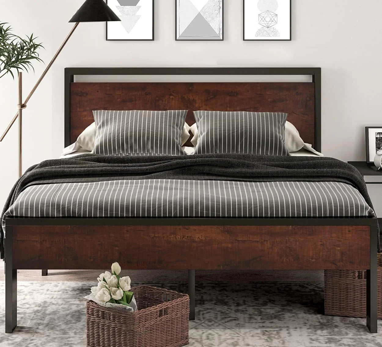 SHA CERLIN 14 Inch Full Size Metal Platform Bed Frame with Wooden Headboard and Footboard