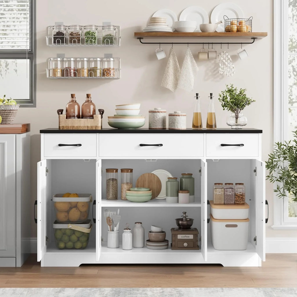HOSTACK Buffet Cabinet with Drawers, 55 Large Sideboard Buffet Storage Cabinet with Shelves and Doors, Modern Farmhouse Coffee Bar Station Wood Kitchen Table for Kitchen, Dining Room, White/Rustic
