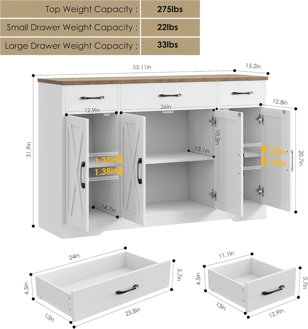 Sideboard with drawers, large 55-inch sideboard, sideboard storage with shelves and doors, modern farmhouse coffee bar wood kitchen dining table